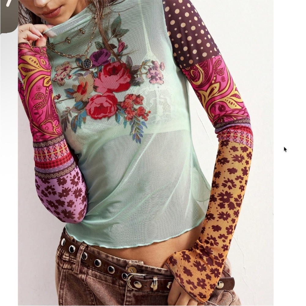 Boho Patchwork Long-Sleeve Mesh Top - Mint Multic… - image 1
